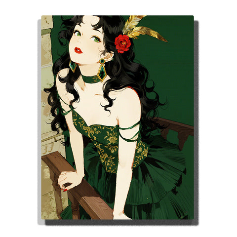 Black curly hair woman in emerald green dress with gold feather and red flower, vintage style portrait with bold color contrast for home decor