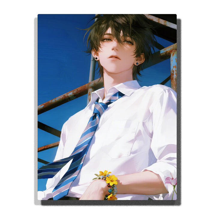 Young man in white shirt and loosened tie under blue sky, leaning against metal structure, summer portrait with natural light for home decor