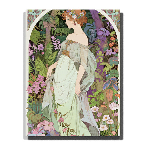 Elegant woman in flowing pastel dress surrounded by lush flowers and foliage, art nouveau style botanical portrait for home decor