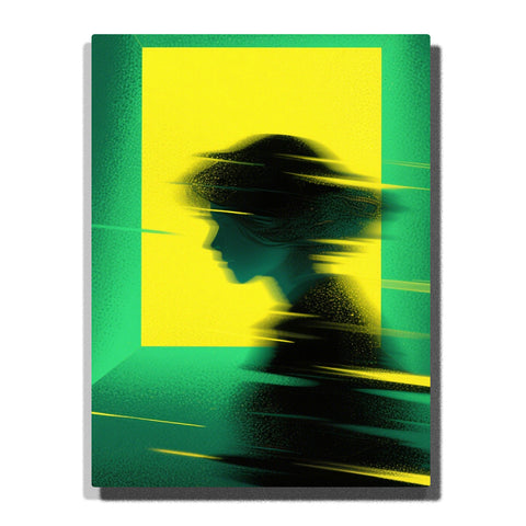 Abstract silhouette of a woman with motion blur streaks in neon green and yellow geometric light frame, modern digital art