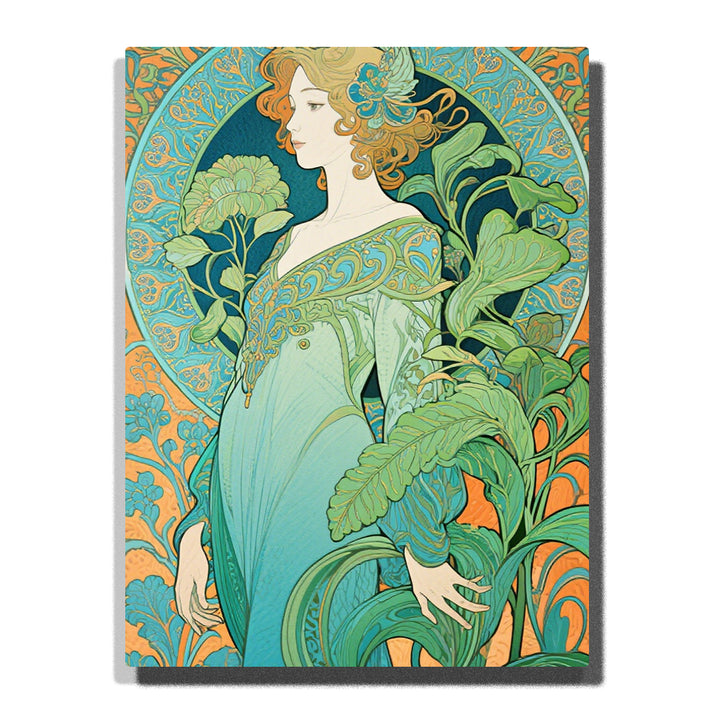 Art nouveau style woman surrounded by ornate green foliage and decorative patterns, vintage botanical portrait for home decor