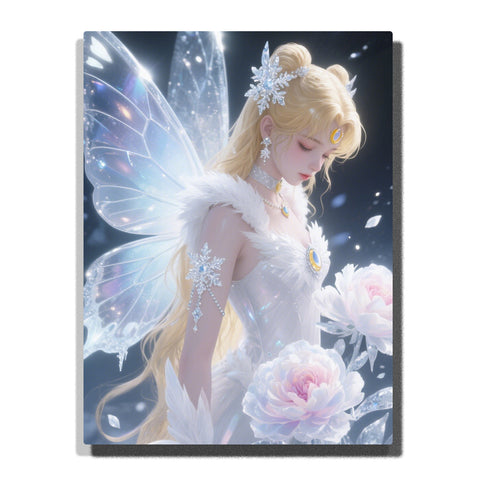 Blonde fairy with translucent crystal wings and snowflake jewelry holding soft pink peonies, glowing in a dreamy light, elegant fantasy portrait for home decor