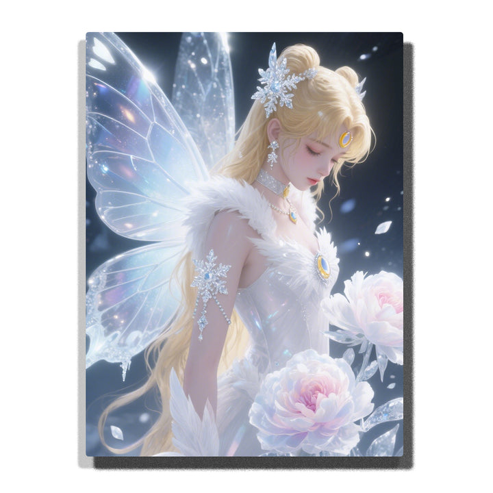 Blonde fairy with translucent crystal wings and snowflake jewelry holding soft pink peonies, glowing in a dreamy light, elegant fantasy portrait for home decor