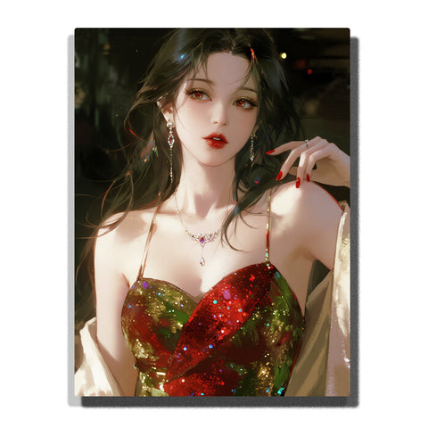 Elegant woman in shimmering red and gold dress with jewelry, glamorous night portrait with soft lighting for home decor