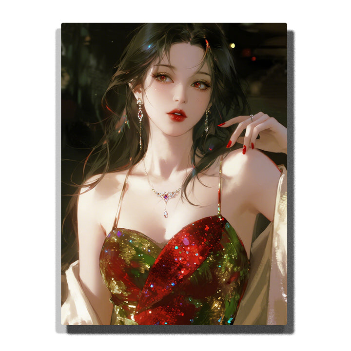 Elegant woman in shimmering red and gold dress with jewelry, glamorous night portrait with soft lighting for home decor