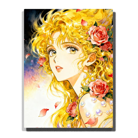 Golden curly-haired woman with roses and pearls, vintage shoujo manga style portrait with luminous colors for home decor