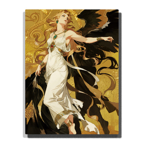 Golden winged woman in flowing white dress with black feathers, ornate mythical portrait with dramatic light for home decor