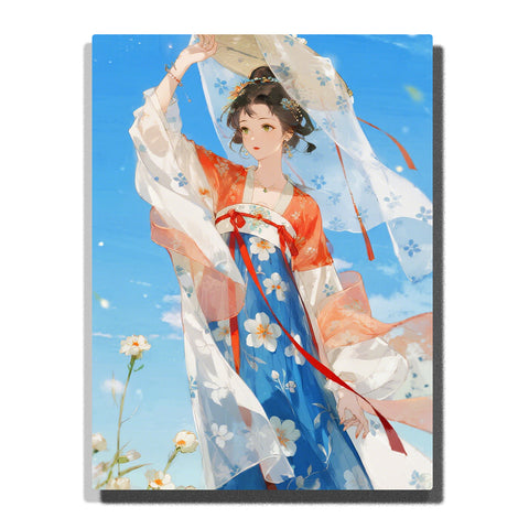 Elegant woman in flowing hanfu dress under blue sky with floral patterns and drifting fabric, airy oriental portrait for home decor