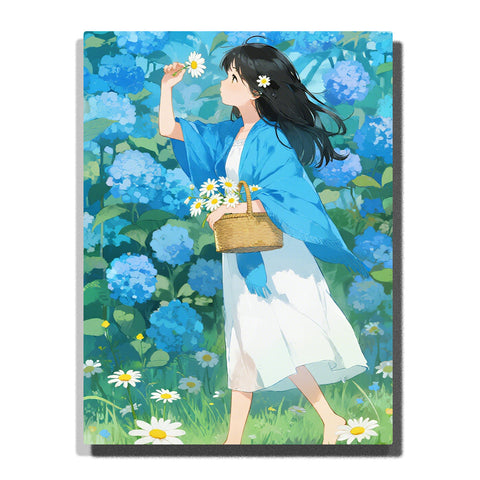 Girl picking daisies in a blue hydrangea garden, soft summer illustration with flowing dress and basket for home decor