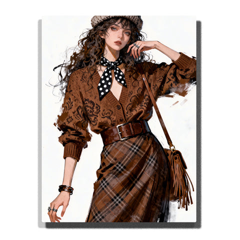 Stylish woman in brown vintage outfit with beret, polka dot scarf and plaid skirt, fashion illustration portrait for home decor
