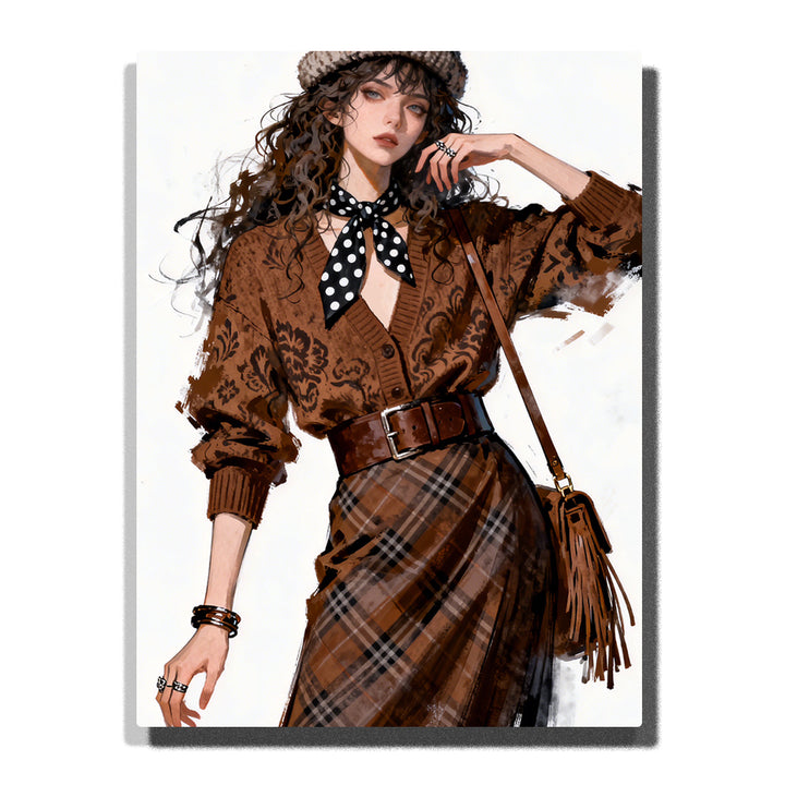 Stylish woman in brown vintage outfit with beret, polka dot scarf and plaid skirt, fashion illustration portrait for home decor