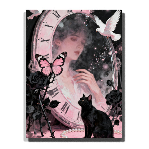 Vintage clock mirror with soft female reflection, pink butterfly, white dove and black cat surrounded by dark roses, surreal gothic portrait for home decor