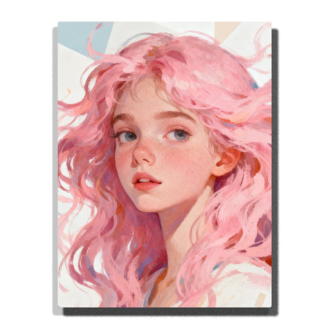 Painterly pink hair portrait of a freckled girl with soft light and abstract pastel background, modern expressive art for home decor
