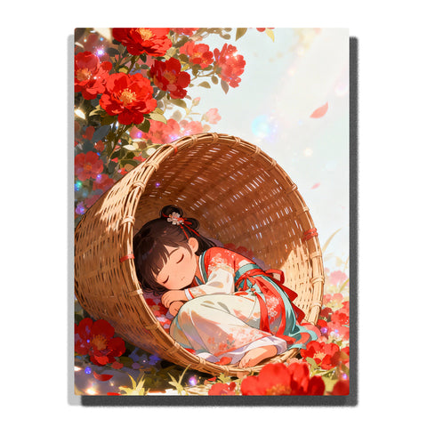 Sleeping girl in traditional dress inside a woven basket surrounded by red camellia flowers, soft dreamy scene for home decor