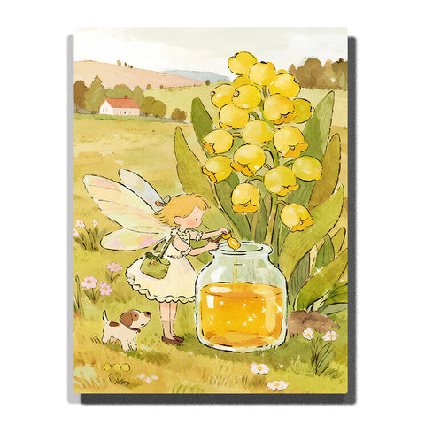 Fairy girl filling a honey jar in a sunny meadow, surrounded by yellow bell flowers, green leaves, a small puppy, and soft countryside scenery.