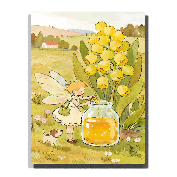 Fairy girl filling a honey jar in a sunny meadow, surrounded by yellow bell flowers, green leaves, a small puppy, and soft countryside scenery.