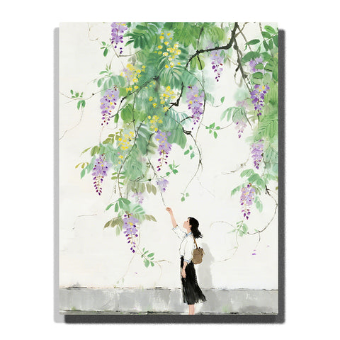 Woman reaching toward hanging wisteria branches on a white wall with soft watercolor leaves and purple blossoms, minimalist floral wall art