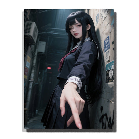 Black-haired girl in school uniform reaching forward in a dim urban alley, cinematic portrait with moody lighting for home decor