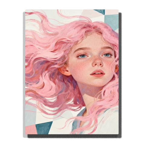 Soft pink flowing hair portrait of a freckled girl with pastel geometric background, airy modern art style for home decor