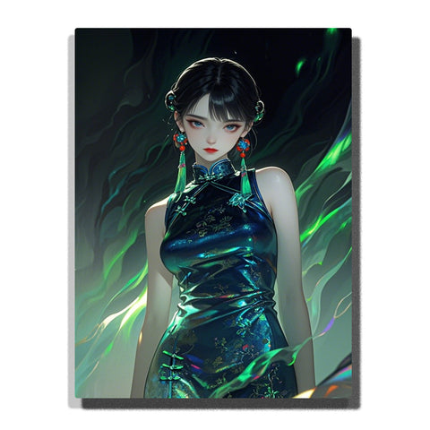 Elegant woman in iridescent jade silk dress with glowing green light trails, refined oriental portrait with luminous contrast for home decor