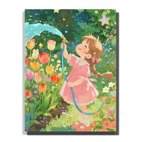 Little girl watering colorful flowers in a vibrant garden with stars and soft sunlight, whimsical illustration for home decor