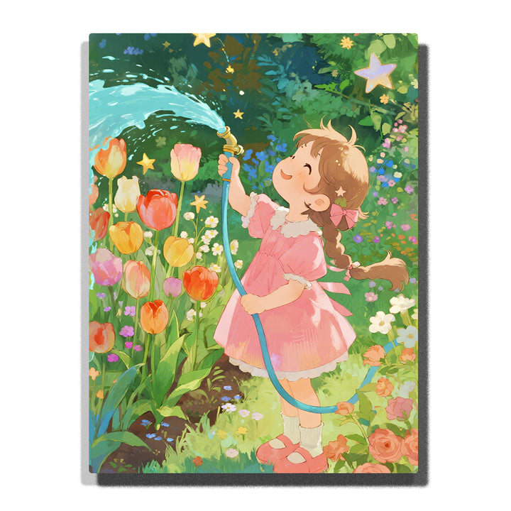 Little girl watering colorful flowers in a vibrant garden with stars and soft sunlight, whimsical illustration for home decor