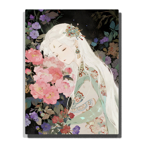 White-haired woman in embroidered robe resting among blooming peonies and flowers, serene floral portrait with soft contrast for home decor