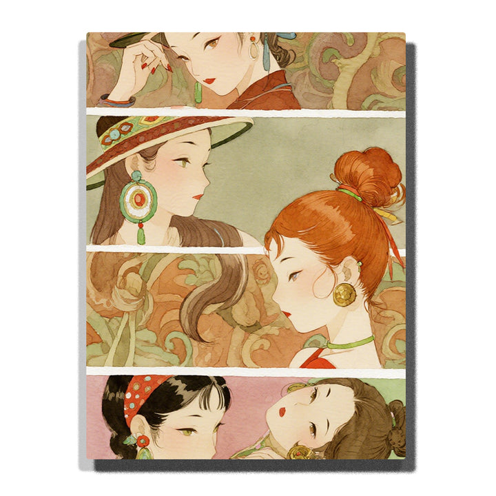 Collection of elegant women portraits in vintage oriental illustration style, soft earthy tones with decorative patterns for home decor