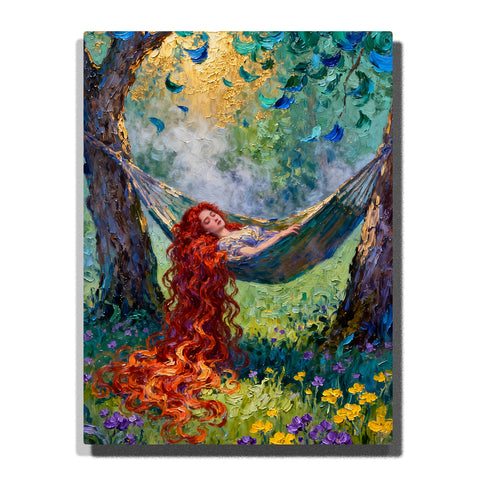 Red-haired woman sleeping in a hammock between trees with textured brush strokes, dreamy forest scene with rich colors for home decor