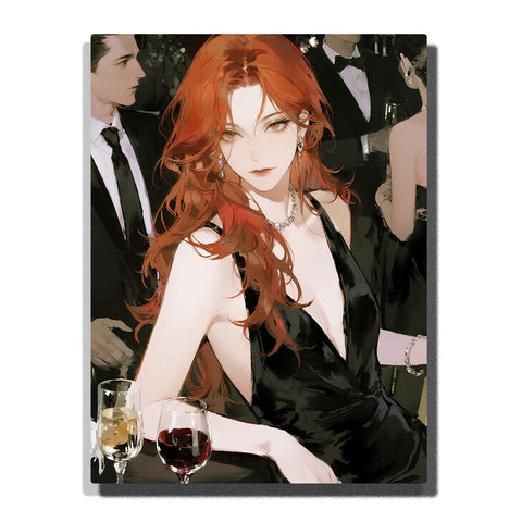 Elegant red-haired woman in black evening dress holding wine glass at a formal party, glamorous portrait with soft lighting for home decor