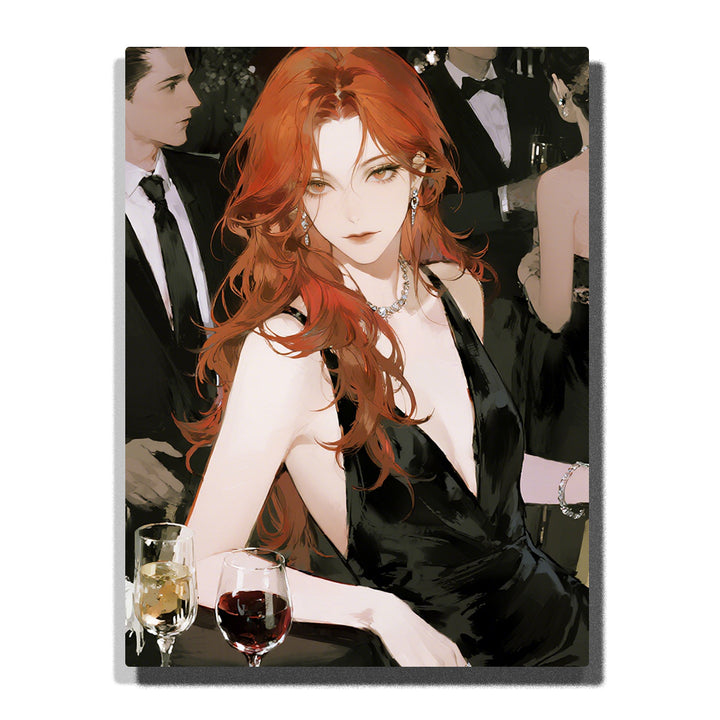 Elegant red-haired woman in black evening dress holding wine glass at a formal party, glamorous portrait with soft lighting for home decor