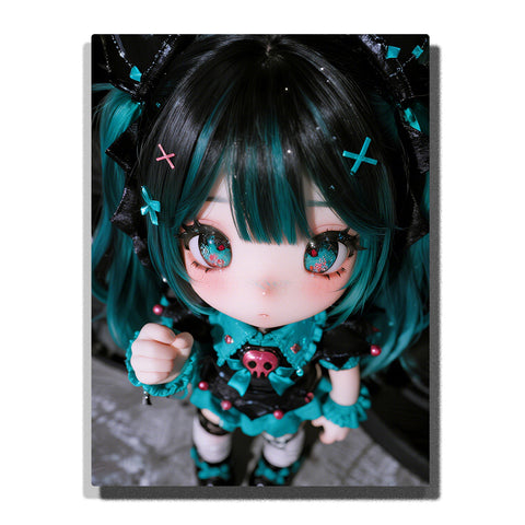 Chibi girl with teal twin tails and oversized sparkling eyes, gothic doll style portrait with high detail for home decor