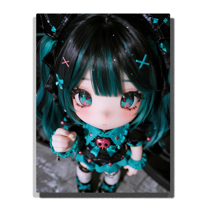 Chibi girl with teal twin tails and oversized sparkling eyes, gothic doll style portrait with high detail for home decor