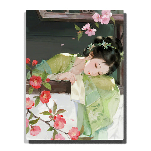 Elegant woman in light green hanfu leaning by a window with blooming camellia flowers, soft spring portrait with natural light for home decor