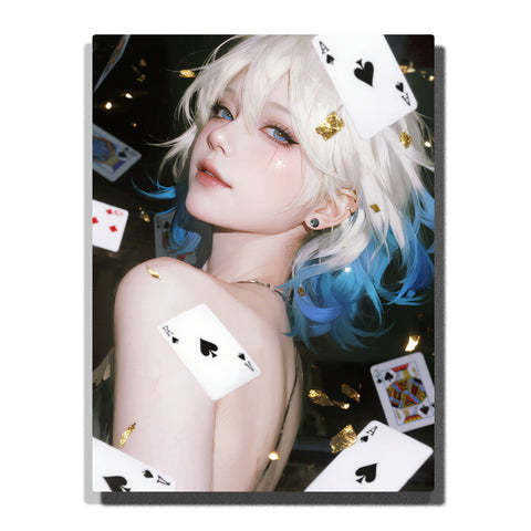 White and blue short hair woman surrounded by playing cards and gold flakes, dramatic portrait with dark background and glowing highlights for home decor