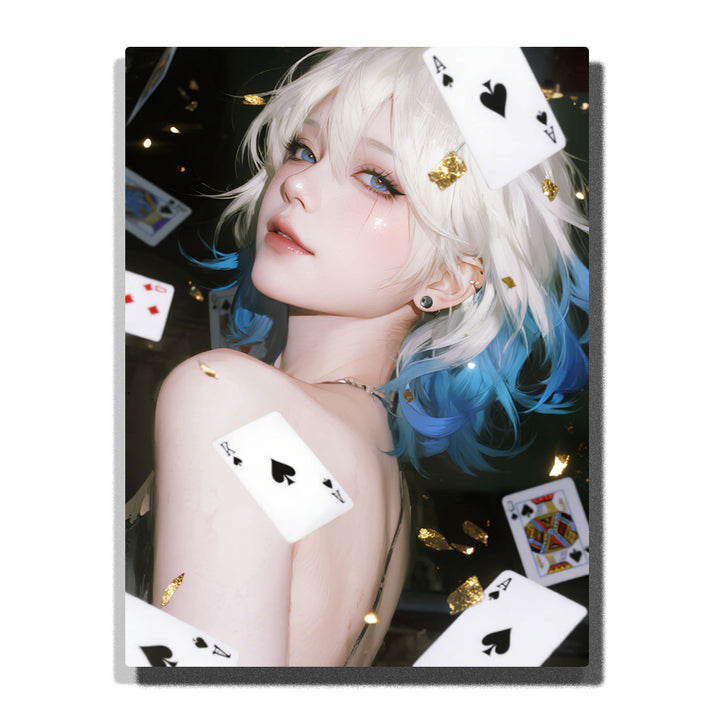 White and blue short hair woman surrounded by playing cards and gold flakes, dramatic portrait with dark background and glowing highlights for home decor