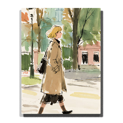 Woman walking through autumn street in watercolor style with trees, buildings and soft sunlight, urban sketch illustration for home decor
