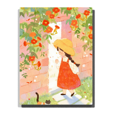 Little girl in red dress and straw hat standing by a garden door with orange trumpet flowers and a cat, soft storybook illustration for home decor