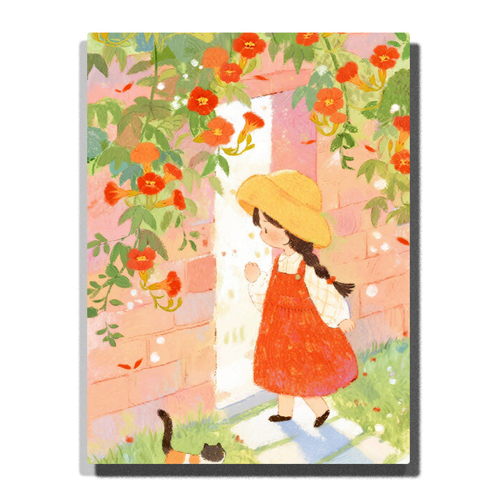 Little girl in red dress and straw hat standing by a garden door with orange trumpet flowers and a cat, soft storybook illustration for home decor