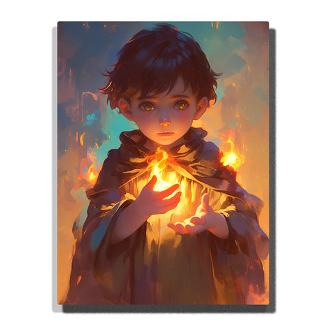 Tiny fire mage boy holding glowing flame in hands with warm orange light, soft cloak, bright eyes, and fantasy Paint by Numbers artwork for kids.