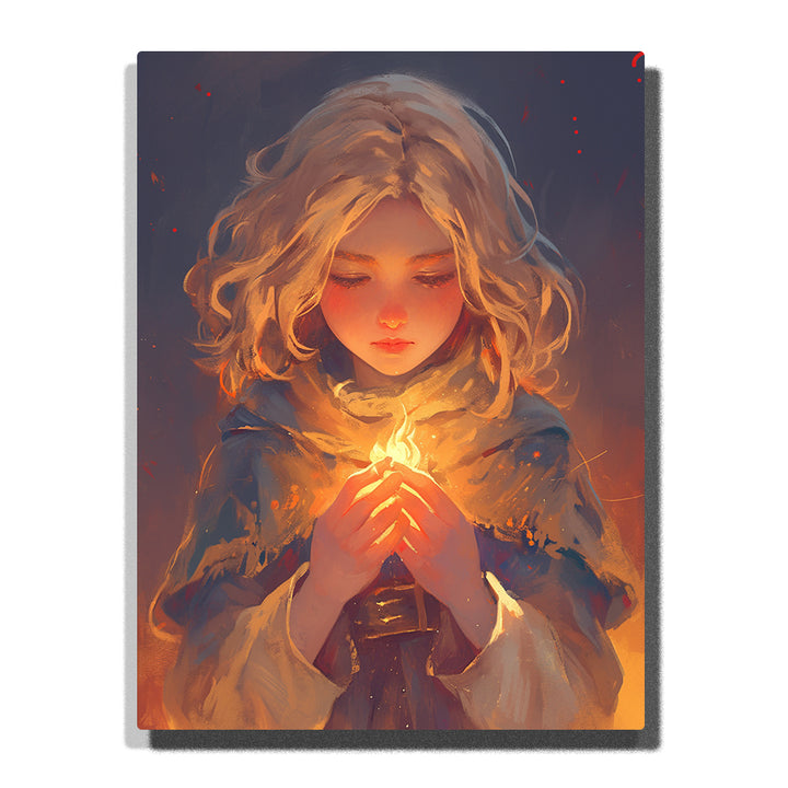 Tiny fire mage girl holding a glowing flame in hands with warm light and soft fantasy portrait style Paint by Numbers artwork for kids.