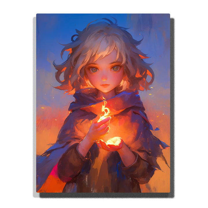 Fantasy child portrait holding glowing magical light in hands with soft warm glow Paint by Numbers artwork for kids.