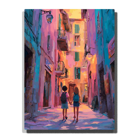 Two children walking through a colorful narrow alley with pastel buildings, balconies, warm sunset light, blue shadows, and vivid city story mood, paint by numbers by PaintEasy