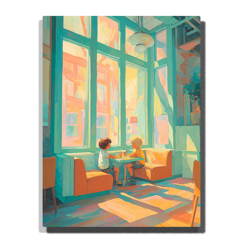 Two children sitting at a small table by tall sunlit cafe windows with orange seats, teal shadows, warm pastel light, and cozy friendship mood, paint by numbers by PaintEasy