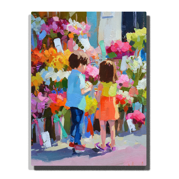 Two children choosing flowers at a colorful market with bright bouquets, pink and orange blooms, green leaves, shopping bag, and cheerful friendship mood, paint by numbers by PaintEasy
