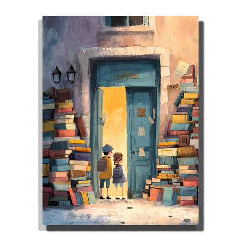 Two children entering a glowing doorway between tall colorful book stacks with blue-green door, warm yellow light, vintage lamps, and storybook reading mood, paint by numbers by PaintEasy