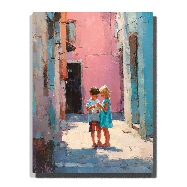 Two children reading a map in a pink and blue narrow alley with sunlit pavement, pastel walls, dark doorway, and gentle city adventure mood, paint by numbers by PaintEasy