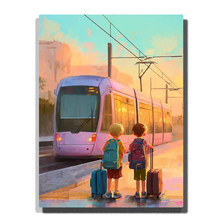 Two children waiting with backpacks and suitcases beside a sunset tram with glowing windows, overhead wires, pastel sky, and gentle travel story mood, paint by numbers by PaintEasy