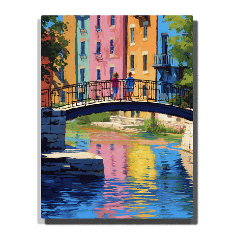 Two children crossing an arched bridge over a colorful canal with pastel building reflections, black railing, leafy trees, and bright city story mood, paint by numbers by PaintEasy