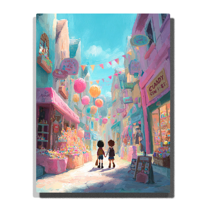 Two children walking through a pastel candy street with colorful balloons, shop signs, bunting flags, glowing storefronts, and cheerful storybook mood, paint by numbers by PaintEasy